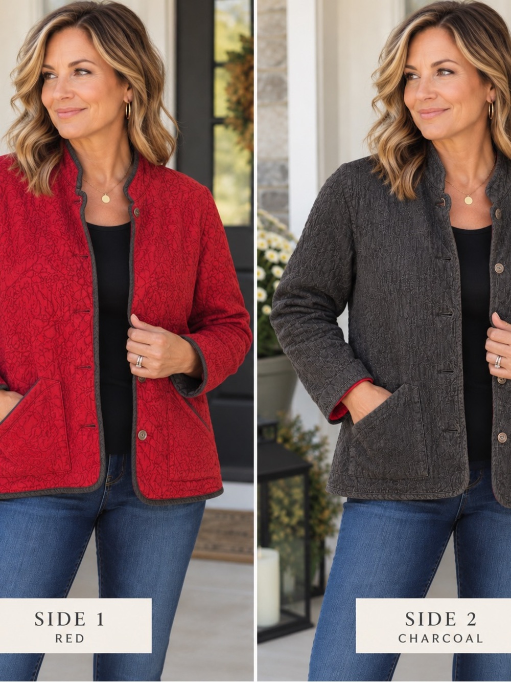 Chico’s Size 2 Large Reversible Quilted Jacket Red Paisley Black Denim